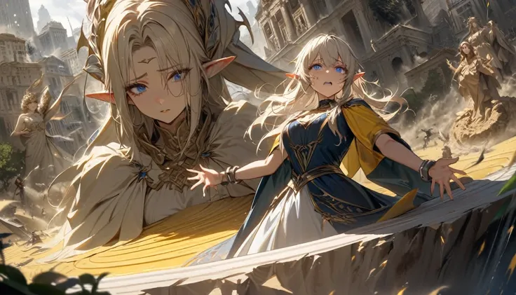 Noble Elf, Blue eyes, platinum blonde hair, Noble dress, Beautiful face, Young woman, Chained, falling from a great height into a whirlpool of yellow sand, reaching out to me, destroyed city in a whirlwind, Elf king statue and huge tree, dust on her face, ...