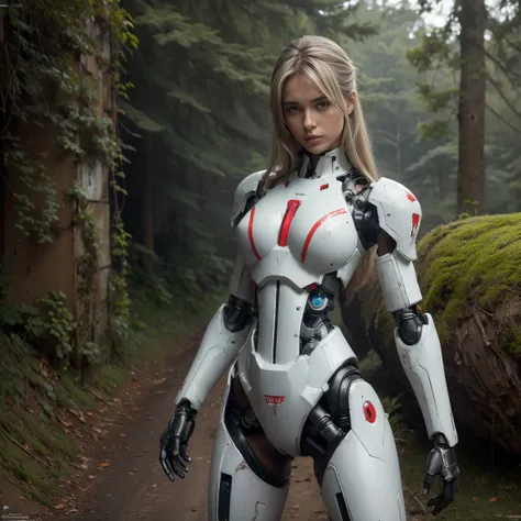 ((masterpiece, of the highest quality, Maximum image quality, High resolution, photorealistic, raw photo, 8k)), Robot soldier abandoned on the battlefield, rotting and moving, rust and moss showing the passage of time, female cyborg body, woman body, biome...