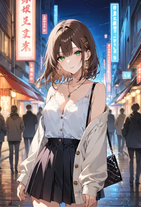 masterpiece, best quality, ultra detailed, detailed eyes, sparkling eyes, The image depicts a young woman standing in a nighttime urban setting, possibly a bustling city street illuminated by vibrant lights and signs in the background. She has long, flowin...