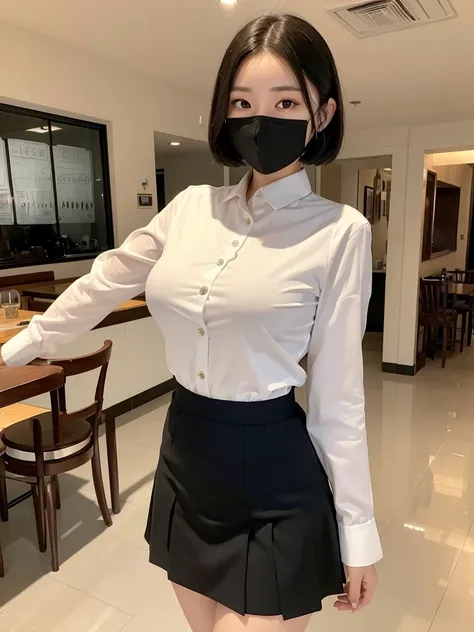 Highest quality、masterpiece、8k、Very detailed、Realistic、Looking at me with a smile、whole body、Black Hair、Short Hair、Small face、Slender、(Very large breasts:1.2)、Thin and beautiful legs、narrow and constricted waist,、(Family Restaurant Uniforms:1.2)、A tight-fi...