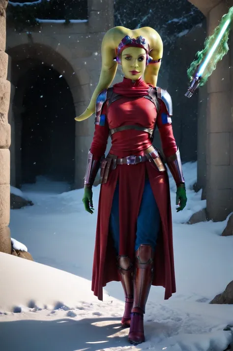 a ((fall body)) (((hera syndulla))) ((green skin )) ((female twilek ))mandalorian,walking on snow, ((green fire hand)) , beautiful detailed eyes, beautiful detailed lips, extremely detailed face, long eyelashes, mandalorian armor, sci-fi, cinematic lightin...