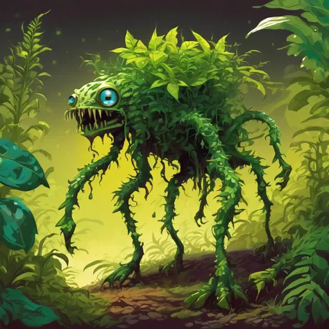 Isometric view, digital painting of a poisonous Plant and bush assemblage creature with eyes, mouth , walking, masterpiece, ultra quality, high quality Dark fantasy style,  fine brushwork, white background, white background