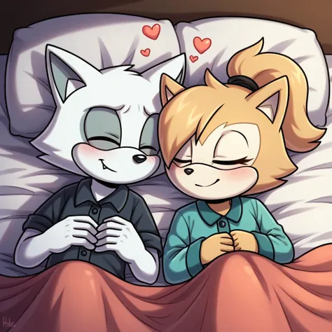 score_9, score_8_up, sonic (series), Whisper the wolf, laying in bed, sleeping, hearts, under blankets, smile, mouth closed, closed eyes,  female/male, mobian, anthro wolf, wolf tail, (((white body fur)))+++, (brown hair 0.9), brown eyes, Wearing Pajamas, ...