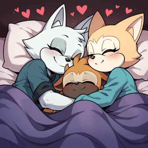 score_9, score_8_up, sonic (series), Whisper the wolf, laying in bed, sleeping, hearts, under blankets, smile, mouth closed, closed eyes,  female/male, mobian, anthro wolf, wolf tail, (((white body fur)))+++, (brown hair 0.9), brown eyes, Wearing Pajamas, ...