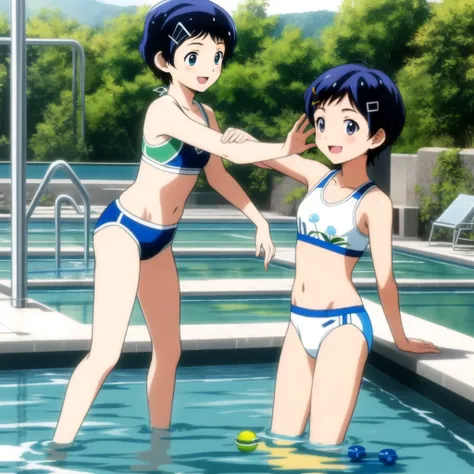 ai ohto, short hair,odo eyes, hairclip,white bikini , sports bra, smile, pool, (water ripple effect around the body:1.3)