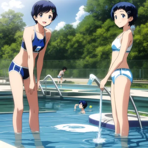 ai ohto, short hair,odo eyes, hairclip,white bikini , sports bra, smile, pool, (water ripple effect around the body:1.3)