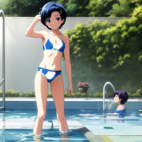 ai ohto, short hair,odo eyes, hairclip,white bikini , sports bra, smile, pool, (water ripple effect around the body:1.3)