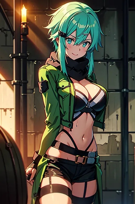 at a dungeon, dark dungeon, prison cell, sinon1, scarf, fingerless gloves, long sleeves, short shorts, hair ornament, hairclip, green thighhighs, green jacket, thigh strap, teasing face, undressing, hot, sweat, looking at viewer, light smile,huge breast,fa...