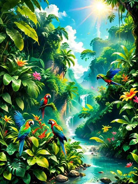 Imagine a colorful jungle adventure scene。(A man and a woman:1.9)，(Both are explorers.，Searching for treasure in the jungle:1.9)，They are surrounded by lush green foliage and colorful exotic flowers.。A brightly colored parrot perched nearby，Bright blue sky...