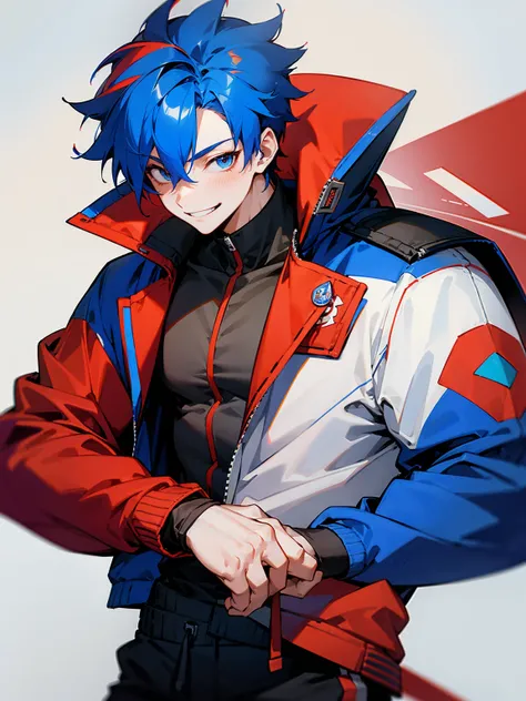 1male, adult, red and blue hair, two toned hair, red and blue varsity jacket, black sweatpants, smile, lean build