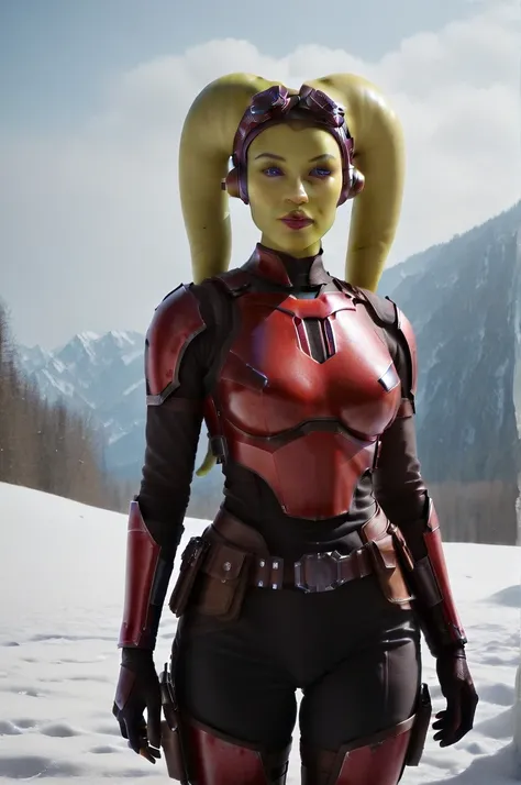 a ((fall body)) (((hera syndulla))) ((green skin )) ((female twilek ))mandalorian,walking on snow, ((green fire eyes )) , beautiful detailed eyes, beautiful detailed lips, extremely detailed face, long eyelashes, mandalorian armor, sci-fi, cinematic lighti...