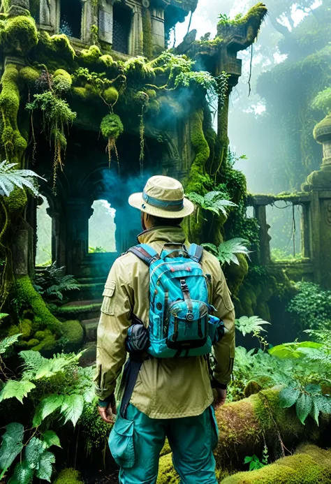 
                      Close-up of a man in the foreground wearing a khaki adventure suit and a hat. The back view of an explorer is standing in the dense bushes of a mossy forest. Among the bushes there are ruins of ancient temple buildings hidden in the ...