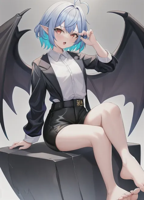 girl, solo, short hair, open mouth, bangs, simple background, shirt, long sleeves, white background, sitting, blue hair, jacket, full body, white shirt, ahoge, white hair, multicolored hair, wings, shorts, barefoot, pointy ears, hand up, feet, legs, short ...