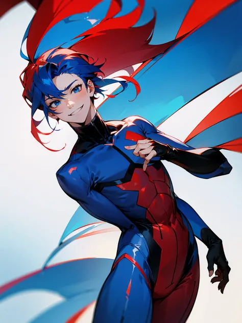 1male, adult, red and blue hair, two toned hair, half red half blue super suit, smile, lean build