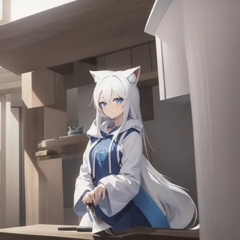 Fox girl,blue eyes,hoodie,long white hair,tail,holding a kitchen knife