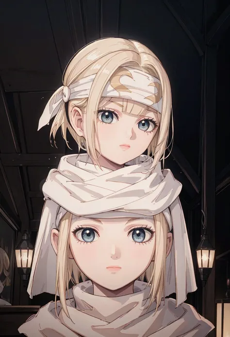 masterpiece), best quality, high resolution blonde 1girl bob cut medium hair standing alone cowl headband profile image looking at viewer beautiful eyes beautiful face extremely detailed