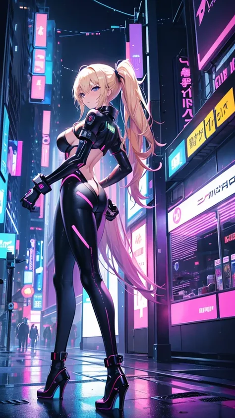 Create a side view, full-body illustration of a seductive blonde anime girl leaning against a wall with her back straight in a provocative pose. She should be wearing tight, futuristic clothes that emphasize her curves, with high-tech fabrics and accessori...