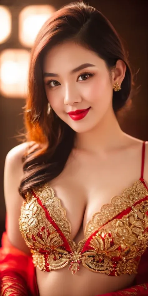 a beautiful 23 year old woman named Chloe, closeup portrait of her face wearing a kebaya, sensual red lipstick, sensational makeup, cleavage, pale skin, subtle smile, dramatic hard shadows, wearing a red g-string, bright studio lighting, 8k, ultra-detailed...