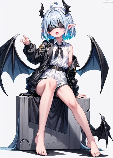 girl, solo, short hair, open mouth, bangs, simple background, shirt, long sleeves, white background, sitting, blue hair, jacket, full body, white shirt, ahoge, white hair, multicolored hair, wings, shorts, barefoot, pointy ears, hand up, feet, legs, short ...