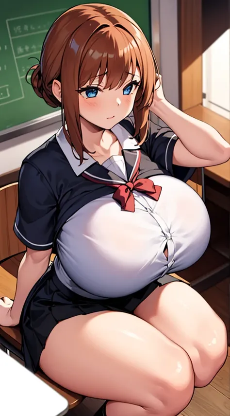 (masterpiece, best quality:1.2), solitary, a girl, huge breasts，in the classroom,（black school uniform，黑色short skirt），sit on the...