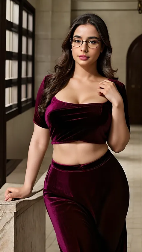 Plus size woman in velvet saree , curvy figure, sexy navel, rounded ass, wearing glasses , highly portrait image ,(best quality, realistic),(hdr:1.4), clicked by canon dslr