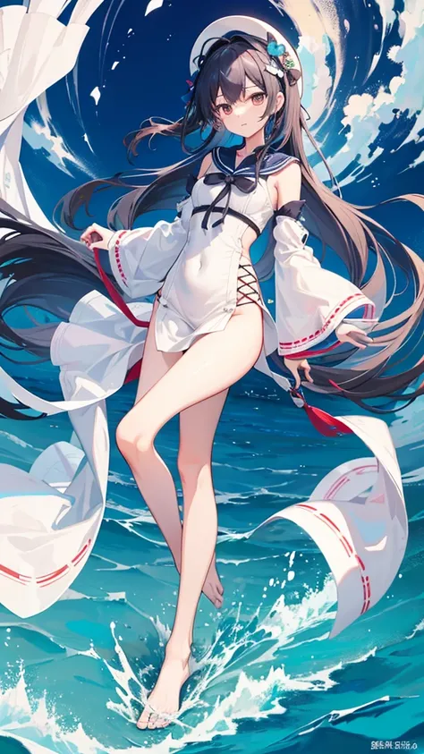 （（High-resolution details））一位性感清凉少女Boat长站在一艘Boat上，性感Boat服装，Stand sideways，（Happy and lively）Moe，Perfect body proportions（Full body picture）Stand sideways，Bare feet and legs，Exquisite clothing patterns，Boat