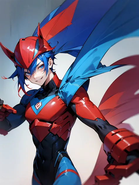 1male, adult, red and blue hair, two toned hair, half red half blue super suit, smile, lean build, red visor 