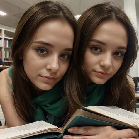 Femme européenne brune de 21 ans, aux cheveux longs et aux yeux verts
. Elle fait un joli selfie à la bibliothèque 