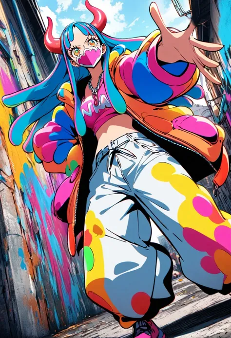 1girl, Ulti (One Piece), graffiti style, saturated colors, urban background,
dual horns, pink mask, spray paint texture,
graffiti-inspired outfit, neon blue crop top, baggy pants with graffiti patterns,
oversized jacket covered in colorful tags, string tie...