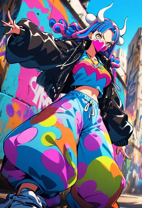 1girl, Ulti (One Piece), graffiti style, saturated colors, urban background,
dual horns, pink mask, spray paint texture,
graffiti-inspired outfit, neon blue crop top, baggy pants with graffiti patterns,
oversized jacket covered in colorful tags, string tie...