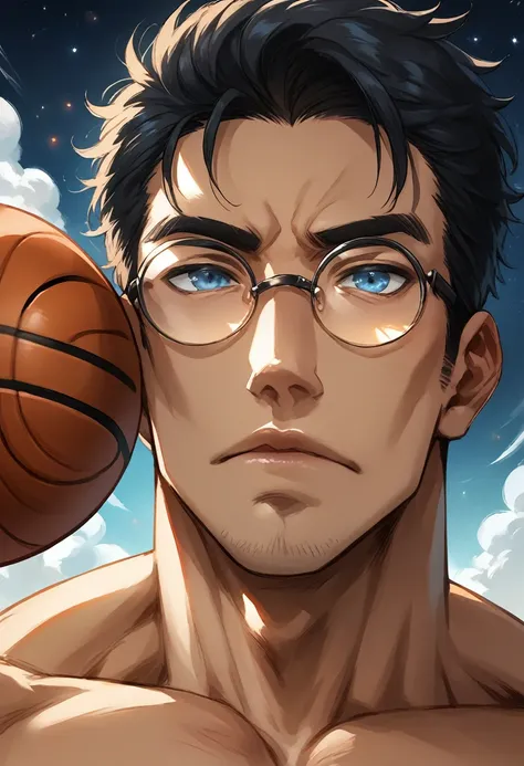 Film quality, One Man in Heaven, close, Cloudy, Soft Lighting, Starry Sky, Handsome man with round glasses, play basketball, blue eyes, Black-haired, hold basketball with right hand, big lips