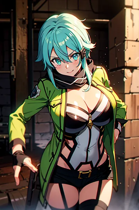 at a dungeon, dark dungeon, prison cell, sinon1, scarf, fingerless gloves, long sleeves, short shorts, hair ornament, hairclip, green thighhighs, green jacket, thigh strap, teasing face, undressing, hot, sweat, looking at viewer, light smile,massive breast...