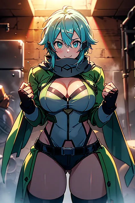 at a dungeon, dark dungeon, prison cell, sinon1, scarf, fingerless gloves, long sleeves, short shorts, hair ornament, hairclip, green thighhighs, green jacket, thigh strap, teasing face, undressing, hot, sweat, looking at viewer, light smile,massive breast...