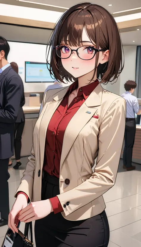 (30 years old:1.3),modern, Verism, masterpiece, textured skin, super detail, best quality, 4K, Woman wearing glasses,Dark brown short bob,Clothing of office workers,Company reception
