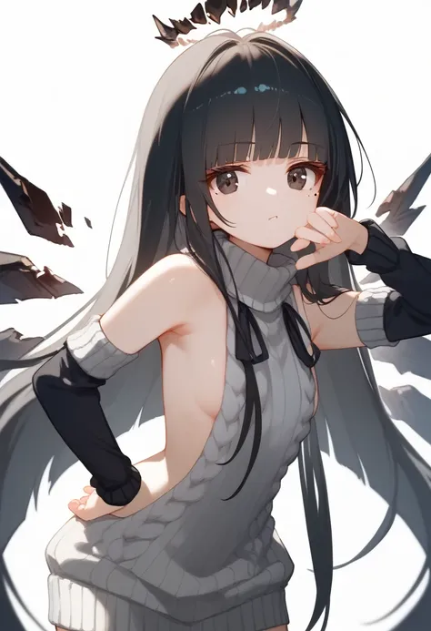 (score_9, score_8_up, score_7_up), 1girl, virtuosabase, cute, (chibi:0.7), black hair, blunt bangs, long hair, broken halo, ener...