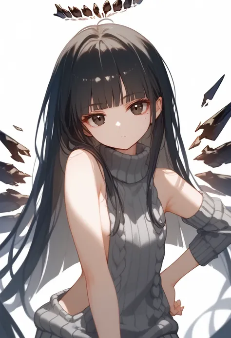 (score_9, score_8_up, score_7_up), 1girl, virtuosabase, cute, (chibi:0.7), black hair, blunt bangs, long hair, broken halo, ener...