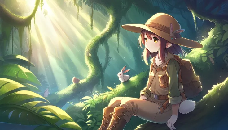 ((Masterpiece)), ((Best Quality)), (Very Detailed), ((Very Detailed)), 4K, (8K), very aesthetic, absurdres highres, 1 girl, (anthropomorphic Rabbit, furry, kemono:1.5), Adventurer, a jungle illuminated by the sunrise. A quiet and peaceful atmosphere, with ...