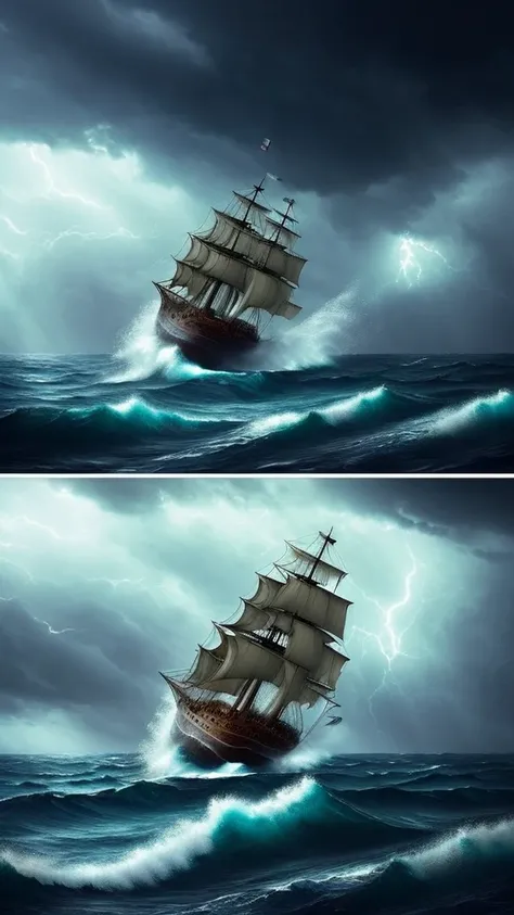 a ancient ship middle an ocean, destroyed and capsized. Some people fall from the ship.The sky is so dark and storm everywhere. Big rain wheater. The ocean waves so big.