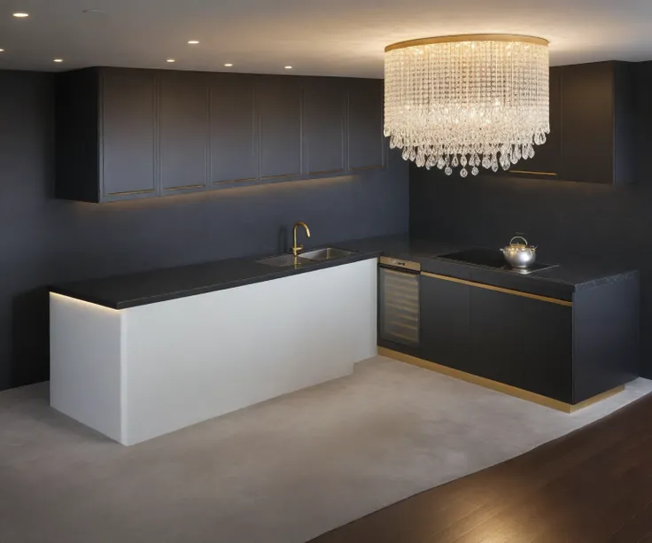 Masterpiece, Best quality,8K, Ultra-high resolution,When you step into the Kitchen and dinning room,Immediately surrounded by a rich atmosphere of luxury。Ornate crystal chandeliers hang high on the wall,Shine brightly。Kitchen island  was covered with a sof...