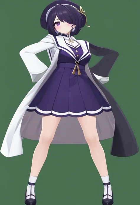 a close up of a person in a dress and a hat, anime vtuber full body model, maya faye from ace attorney, full-body white and purp...