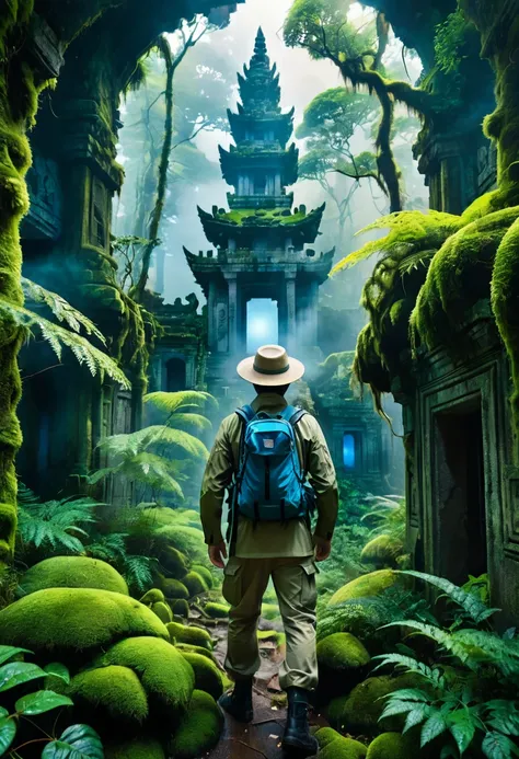 
                      Close-up of a man wearing khaki adventure suit and hat as an explorer in the foreground (dynamic) Standing in the dense bushes of the mossy forest. There are ruins of ancient temple buildings hidden deep in the bushes. The fog is fil...