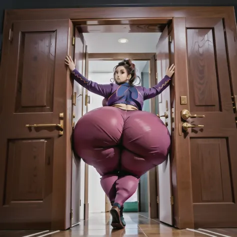 masterpiece, 1girl behind a doorway, from behind, (doorstuck, stuckbehind:1.3), huge hips, round belly, thick thighs, giant butt...