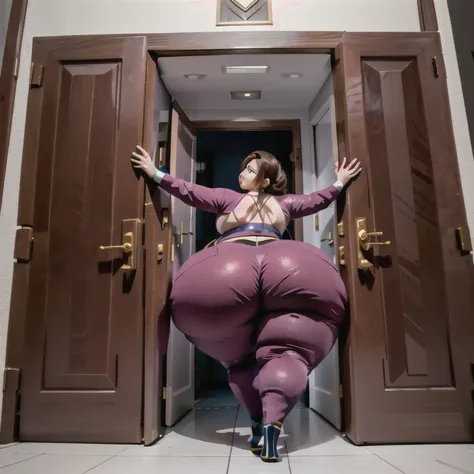 masterpiece, 1girl behind a doorway, from behind, (doorstuck, stuckbehind:1.3), huge hips, round belly, thick thighs, giant butt...