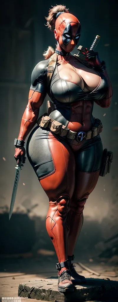 female deadpool, sexy, 3d printed figurine, character design, half naked, busty, ultra thick thighs, huge cleavage, huge body, muscular, wide hips, bodybuilder, muscle, sexy suit, full body, full body suit, unique suit design, black and yellow suit, ultra ...