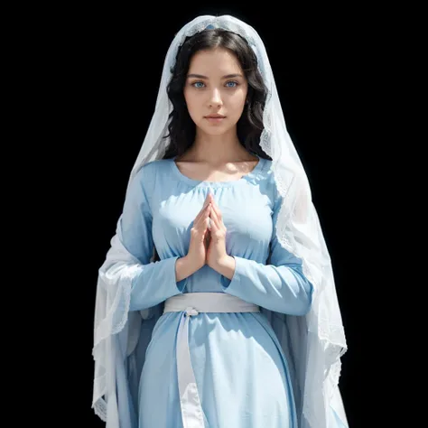 Beautiful woman with light blue eyes, curly black hair, wearing a blue tunic with wide, long sleeves adjusted at the waist by a white sash. Wear a thick white veil.