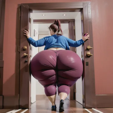 masterpiece, 1girl behind a doorway, from behind, (doorstuck, stuckbehind:1.3), huge hips, round belly, thick thighs, giant butt...