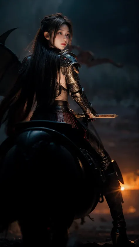 a beautiful girl, dragon, bokeh, realistic lighting, blood, war, the girl in shining battle armor stands before a massive dragon with wide wings, surrounded by the chaos of battle with soldiers and horses, dim light from the setting sun filtering through t...