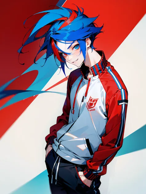 1male, adult, red and blue hair, two toned hair, red and blue varsity jacket, black sweatpants, heterochromia, red eye, blue eye, smile, lean build