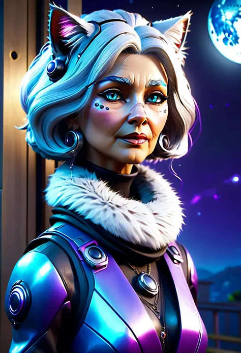 beautiful neofuturistic woman, granny cat, lady moonlight, same ol’ mistakes, highly detailed, highly realistic,  hyper realisti...