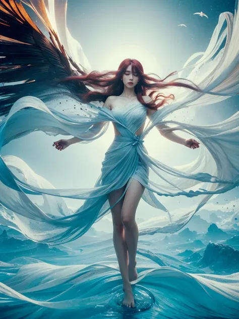 Wide angle, far shot, see the whole body, Beautiful woman,Hug a Baby, floating a River  ,Flower crows,Beautiful girl, realistic, high resoution, A woman is long hair and Red hair, Eagle eyes, Barefooted ,flowing long hair,ultra-realistic, 4K ,Yellow effect...